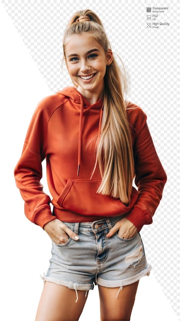 PSD smiling female teenager in casual outfit with long blonde hair on a transparent background