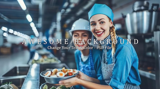 PSD smiling female workers in a food production facility