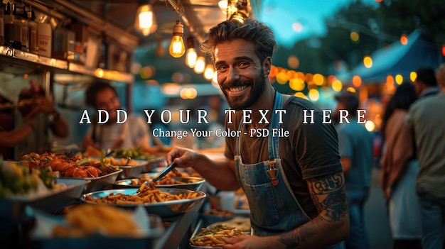 PSD smiling food vendor serving fries at a night market