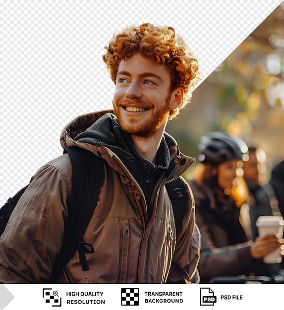 PSD smiling ginger cyclist stands in park with friend and coffee