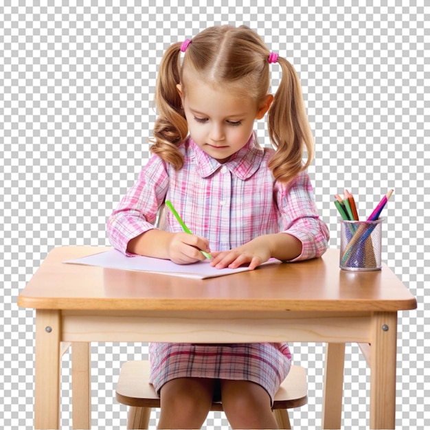 PSD smiling girl studying sitting on chair with table