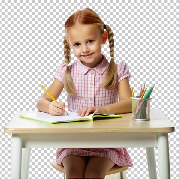 PSD smiling girl studying sitting on chair with table