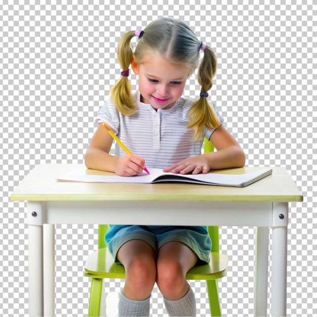 PSD smiling girl studying sitting on chair with table