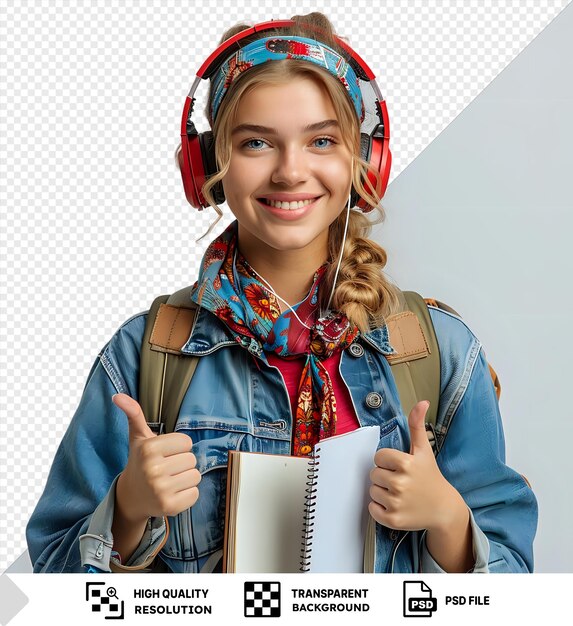 PSD smiling girl wearing headphones and a scarf with a notebook in her hands against a transparent background