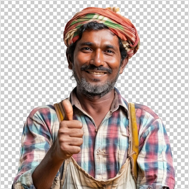 Smiling indian farmer man with thumb up isolated on transparent background