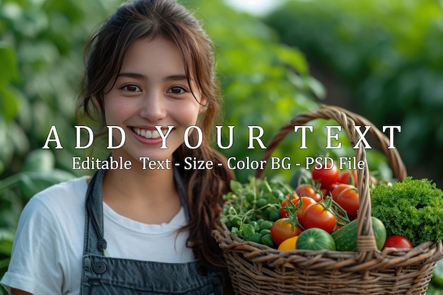 A smiling Japanese woman with a basket of vegetables