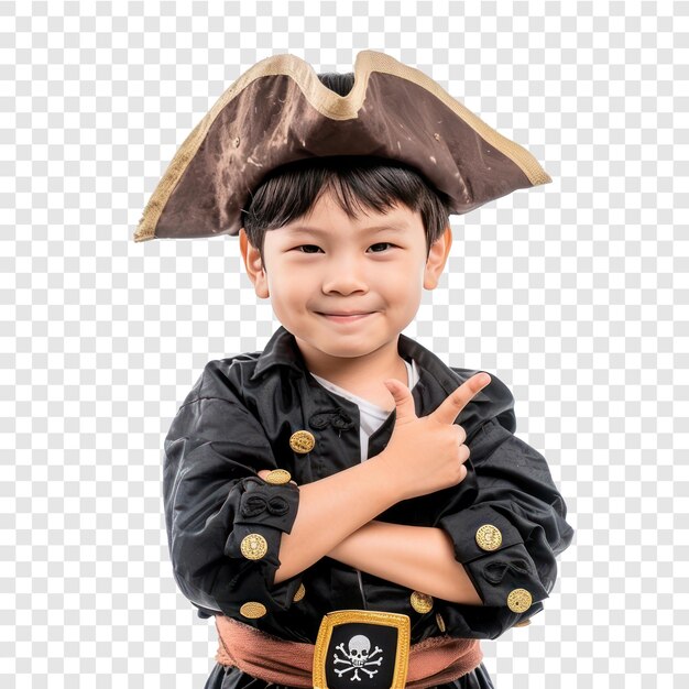 PSD smiling little boy wearing pirate uniform with hand gesture isolate on transparency background