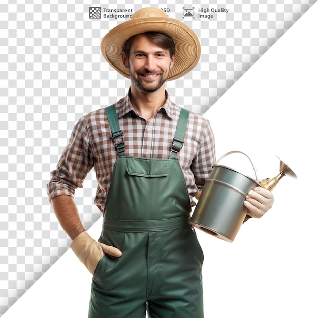 PSD smiling male gardener holding watering can in overalls