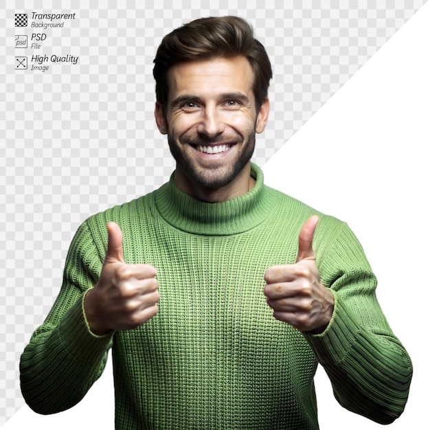 PSD smiling man in green sweater giving thumbs up on transparent background