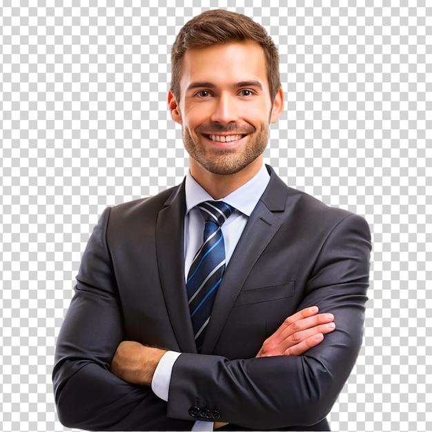 A smiling man in a suit and tie on transparent background