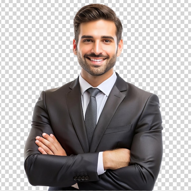 A smiling man in a suit and tie on transparent background