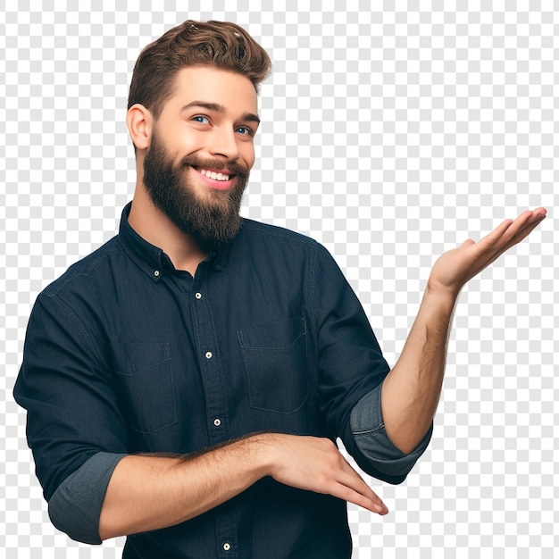 Smiling Man with Beard Presenting Something