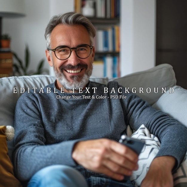 PSD smiling man with glasses relaxing on a sofa