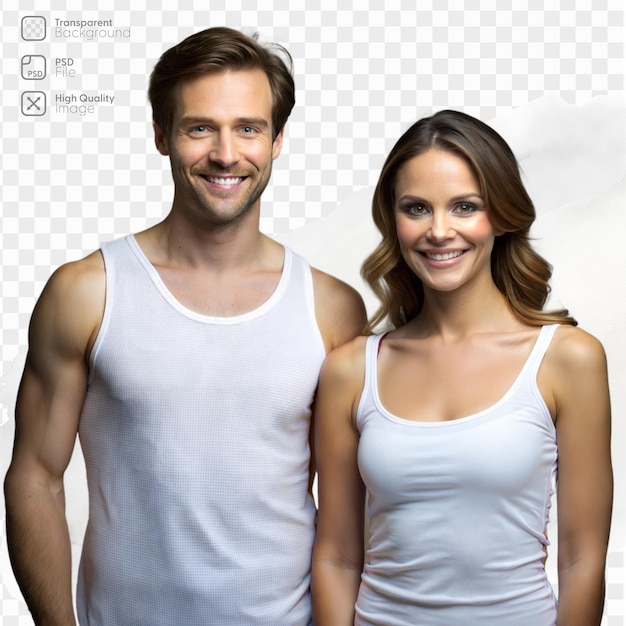 PSD a smiling man and woman pose together in white tank tops with a transparent background