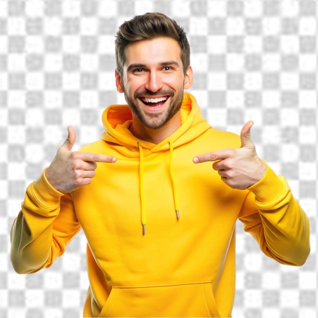 PSD smiling man in yellow hoodie transparent background