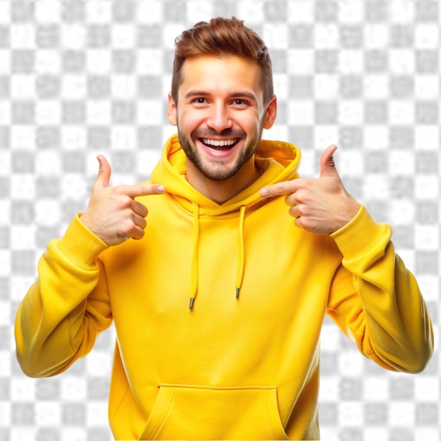 PSD smiling man in yellow hoodie transparent background