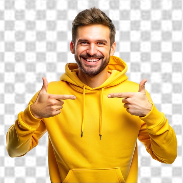 PSD smiling man in yellow hoodie transparent background