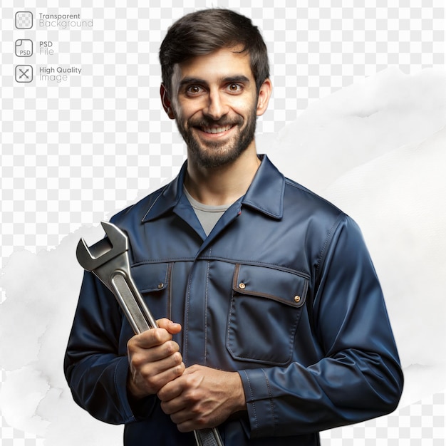 PSD smiling mechanic holding a wrench on transparent background