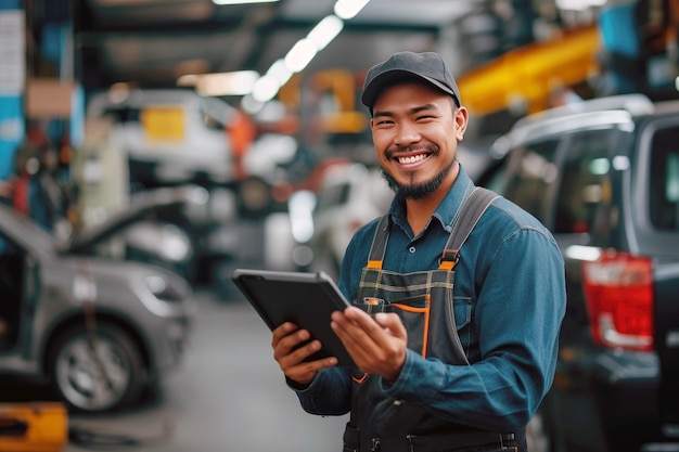 Smiling mechanic using a digital tablet while standing in the car workshop