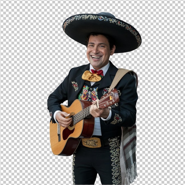 Smiling Mexican man in traditional mariachi attire isolated