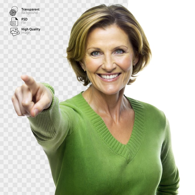 PSD smiling middleaged woman pointing with finger in green sweater