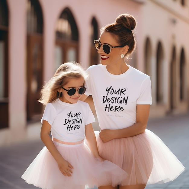 smiling mother and doughter in white matching t shirts mock up