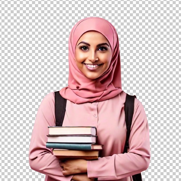 smiling Muslim teacher with textbooks