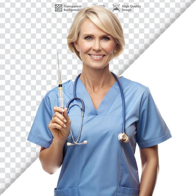 PSD smiling nurse holding syringe with stethoscope