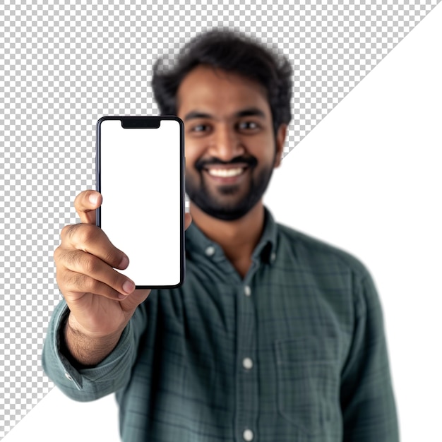 Smiling Pakistani man showing his phone screen close to the camera isolated transparent background