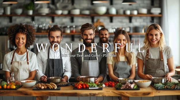 PSD smiling people cooking on kitchen table set