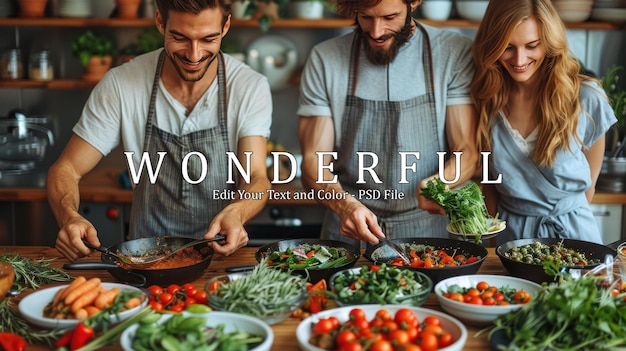 PSD smiling people cooking on kitchen table set