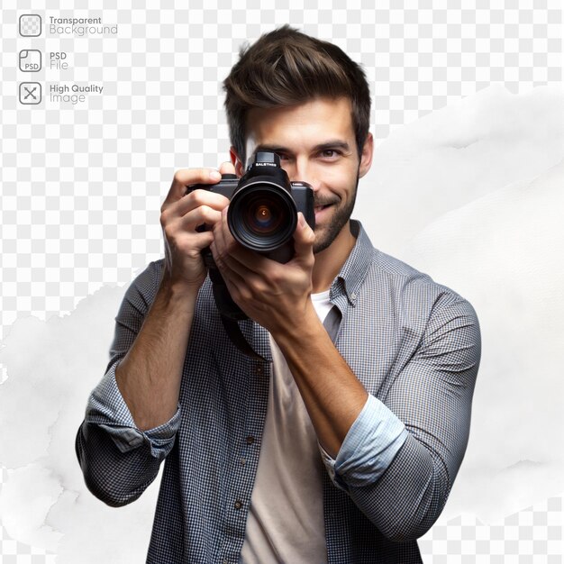 PSD smiling photographer with camera on transparent background