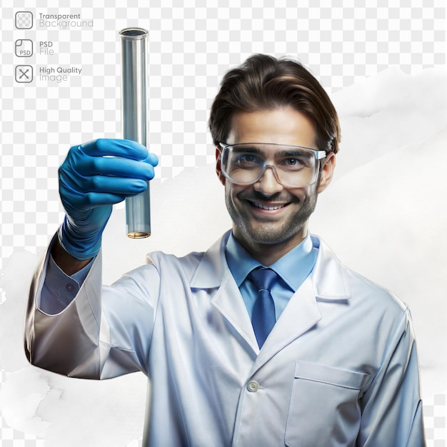 PSD smiling scientist holding a test tube in a laboratory