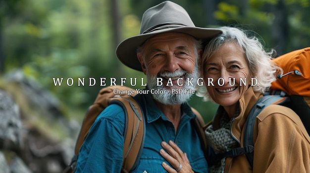 PSD smiling senior couple hiking in nature