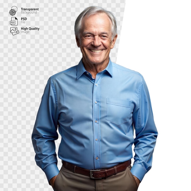 Smiling Senior Man Wearing Blue Shirt and Brown Belt