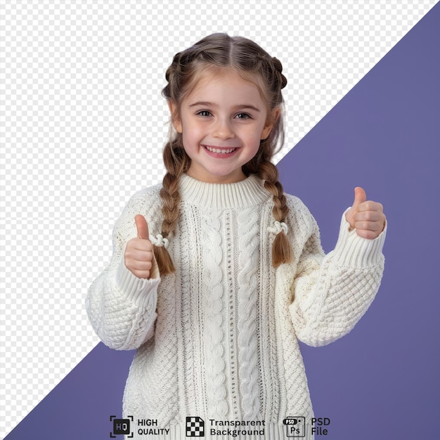 smiling showing thumbs up young beautiful girl white sweater with brown hair and blue and brown eyes standing in front of a blue and purple wall with a small hand visible in the fore