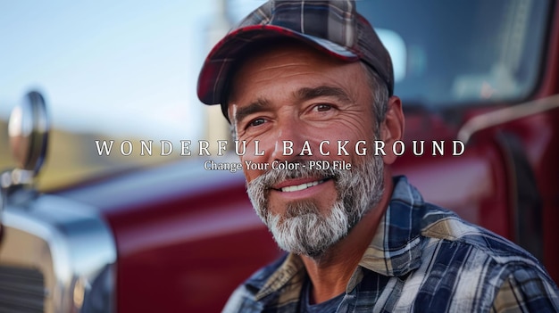 PSD smiling trucker with a red truck in the background