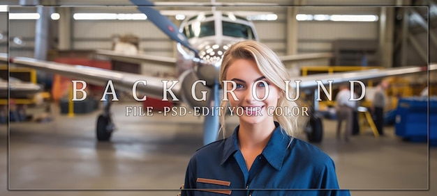 PSD smiling woman in blue uniform standing before airplane