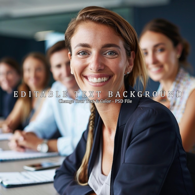 PSD smiling woman in a business meeting