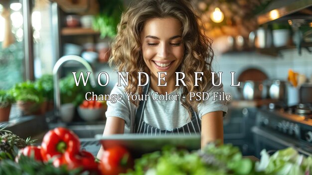 PSD smiling woman cooking in kitchen