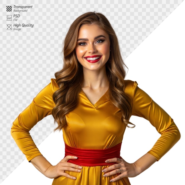 Smiling woman in golden dress with confident pose on transparent background