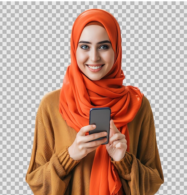 PSD smiling woman in hijab holding a cell phone on isolated transparent background