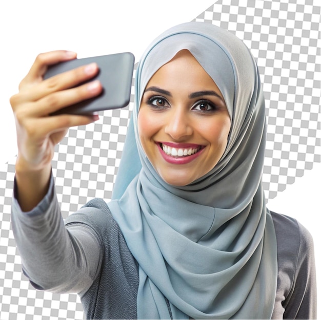 Smiling woman in hijab holding a cell phone on isolated transparent background