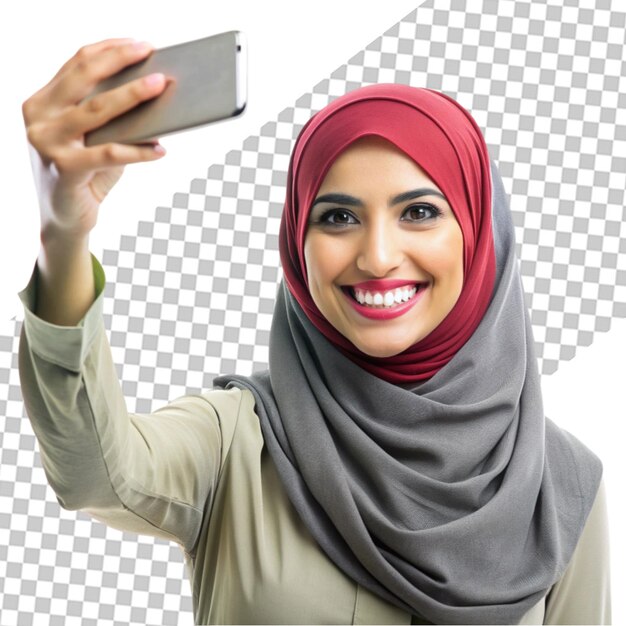 Smiling woman in hijab holding a cell phone on isolated transparent background