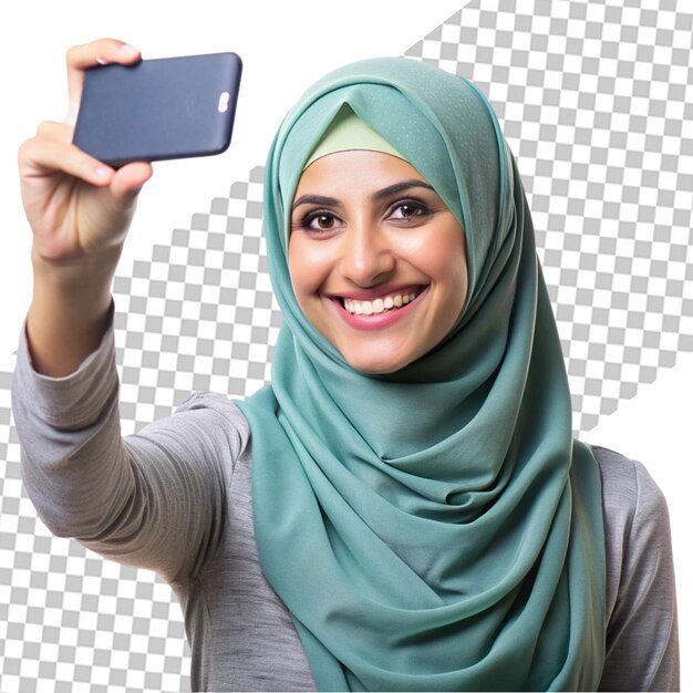 Smiling woman in hijab holding a cell phone on isolated transparent background