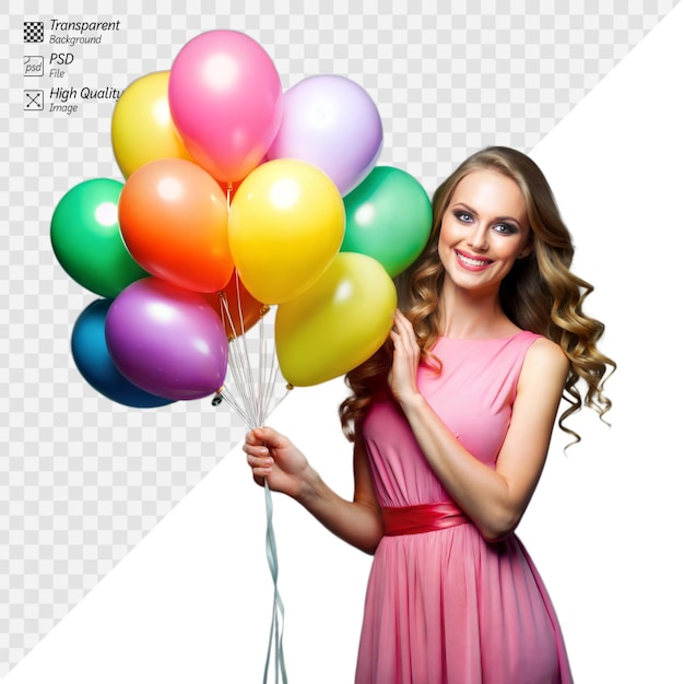 Smiling woman holding colorful balloons on transparent background