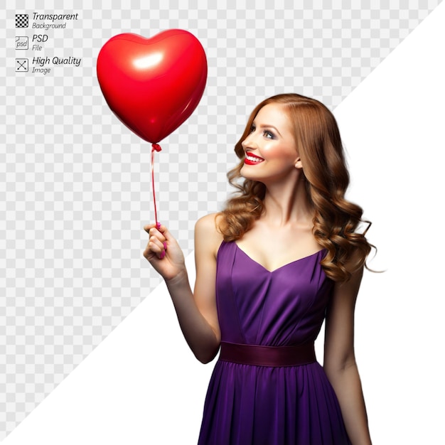 Smiling woman holding heartshaped balloon on transparent background