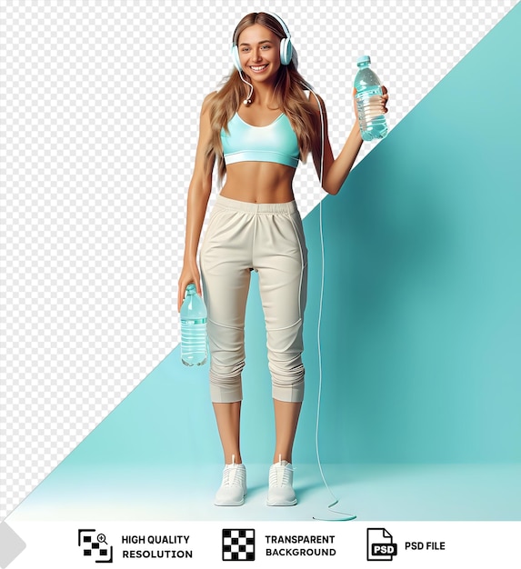 PSD smiling woman holding water bottles against a transparent blue background