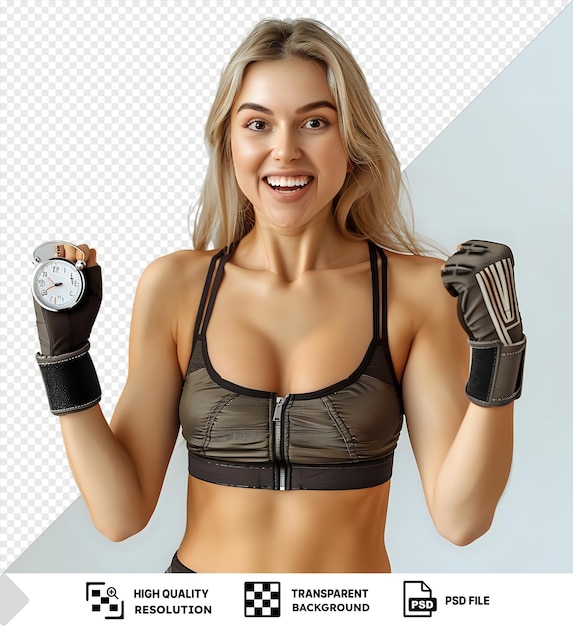 PSD smiling woman holds stopwatch and raises a fist in victory isolated transparent background