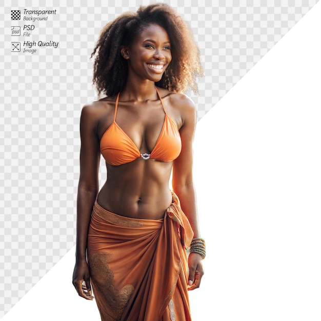 PSD smiling woman in orange bikini and sarong on transparent background